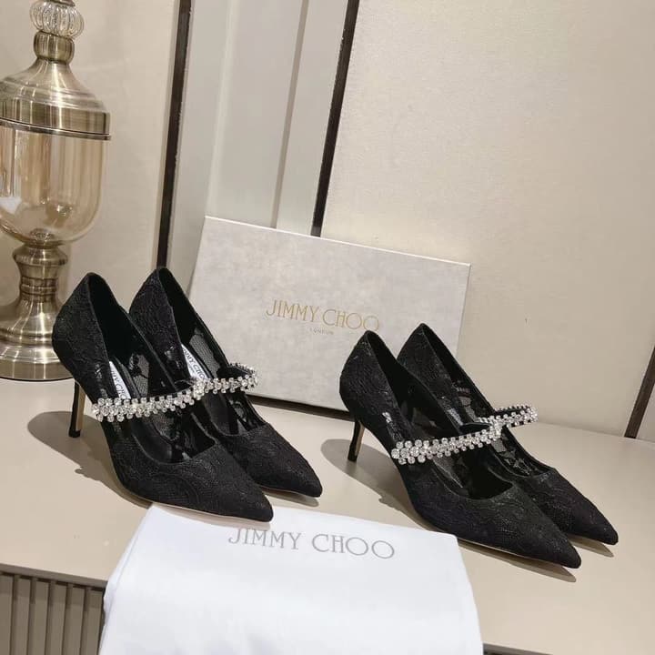 Jimmy Choo Crystal-Embellished Patent Leather Pumps in Black Lace
