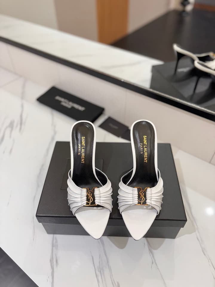 Saint Laurent Crystal Chain Patent Leather Heeled Sandals – 2025 Spring/Summer Collection in White Patent
