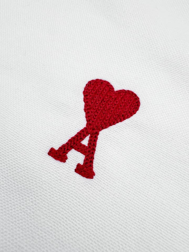 Ami Paris Heart Embroidered Boxy Oxford Shirt in White With Red Heart