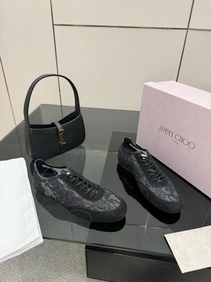 Jimmy Choo Lace-Trimmed Suede Sneakers in Black Lace