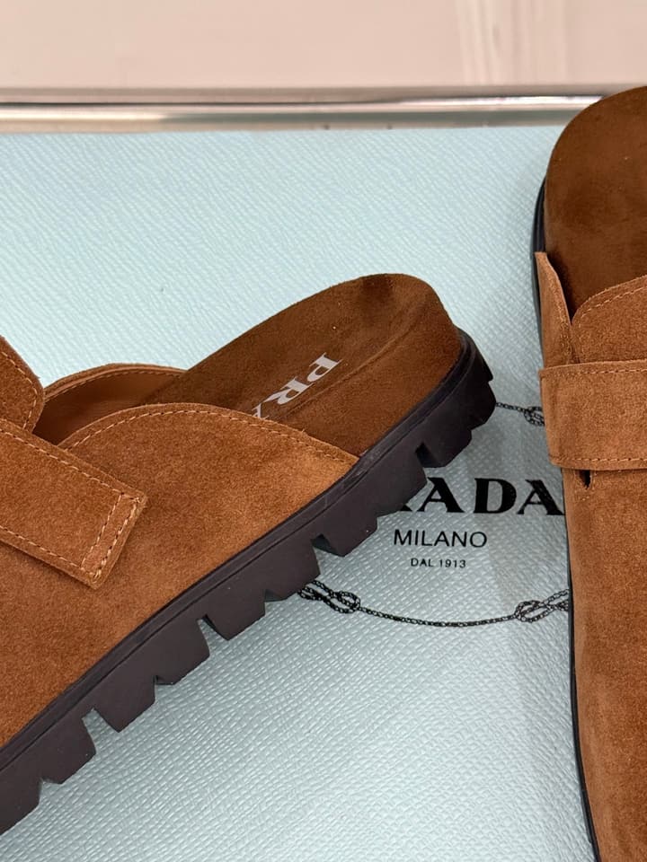Prada Triangle Logo Birkenstock Slippers – Spring/Summer Collection in Black Suede