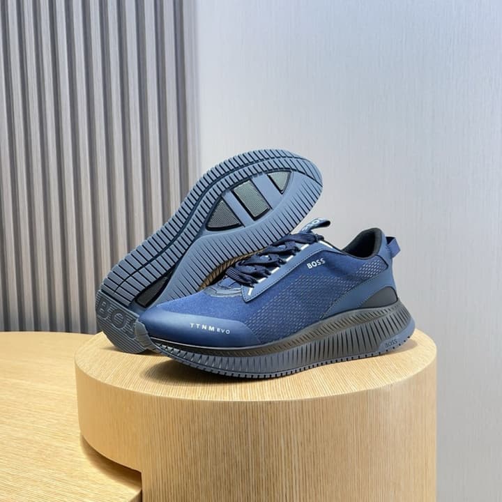 Boss Men's Layered Sport Sneakers in Black With White Sole