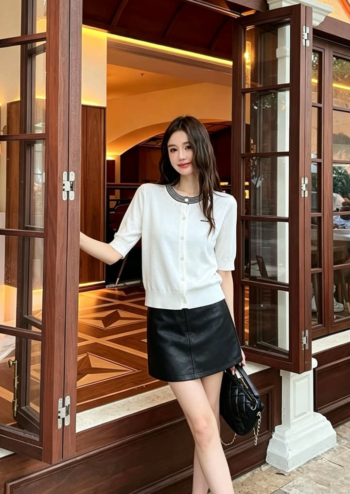 Miu Miu Letter Jacquard Knit Short-Sleeve Cardigan in Navy Blue