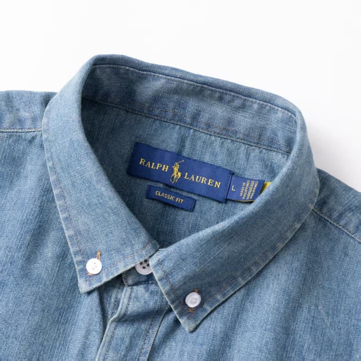 Ralph Lauren Washed Denim Shirt with Embroidered Logo in Dark Wash Denim Flat Lay