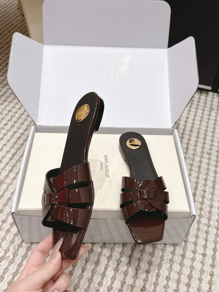 Saint Laurent Melody Square Toe Flat Sandals – 2026SS in Burgundy Patent