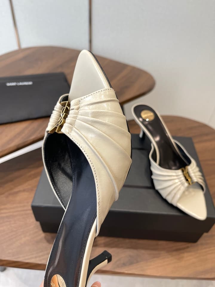 Saint Laurent Pointed Toe Stiletto Heeled Sandals – 26SS in Black - Gold Logo Plaque