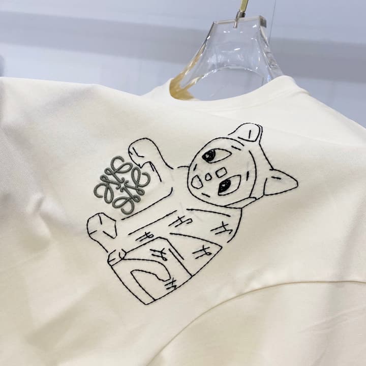 Loewe Cat Embroidery Cotton T-Shirt in Apricot