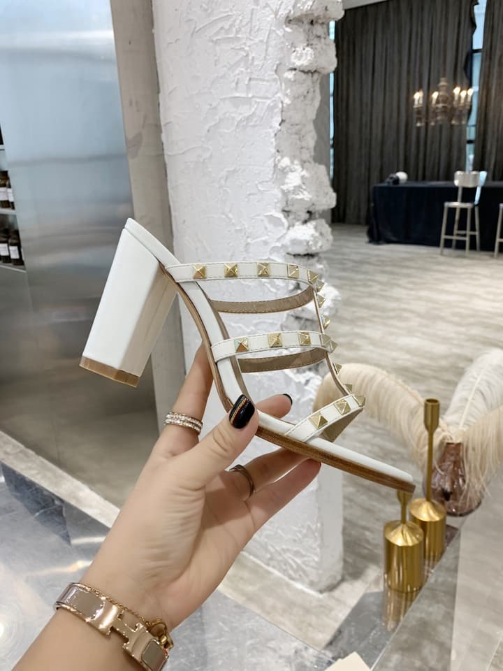 Valentino Studded Classic Block Heel Sandals in Beige