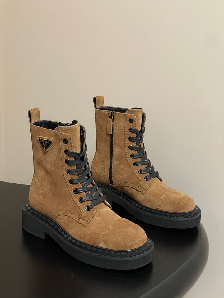 Prada Triangle Logo Combat Boots – 25SS in Black Suede