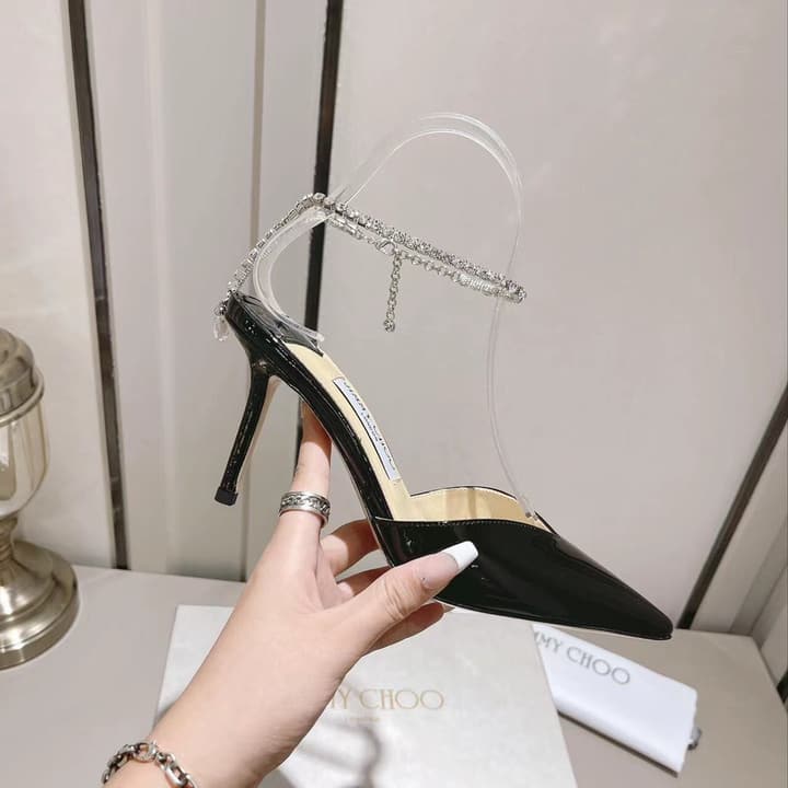 Jimmy Choo Rhinestone and Pearl Embellished Sandals – 2025 Collection in Black Patent