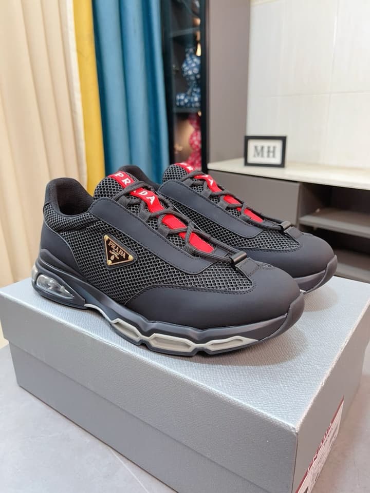Prada Men's Air Cushion Sneakers in Cream And Black Panel