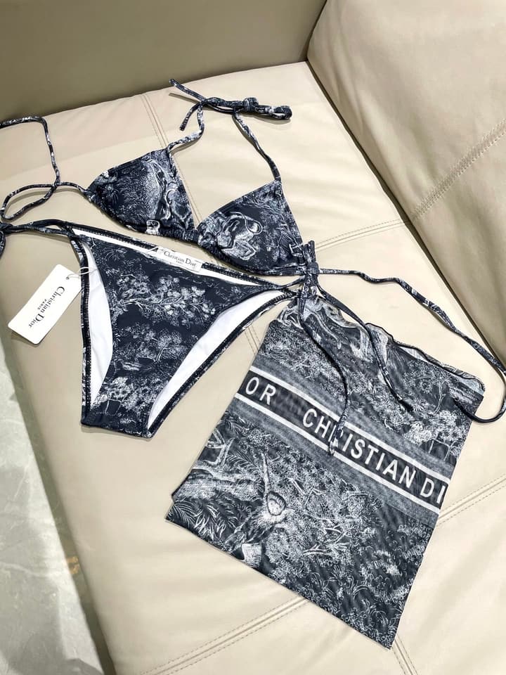 Dior New Collection Animal Print Three-Piece Swimwear Set in Dark Blue Animal Print Set