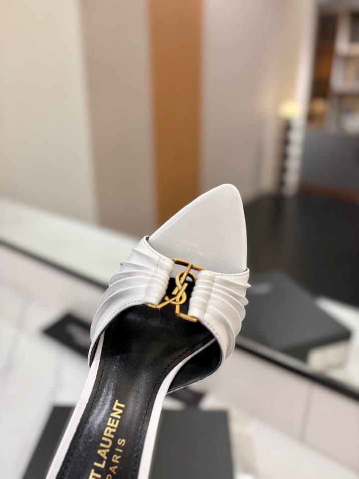 Saint Laurent Crystal Chain Patent Leather Heeled Sandals – 2025 Spring/Summer Collection in White Patent