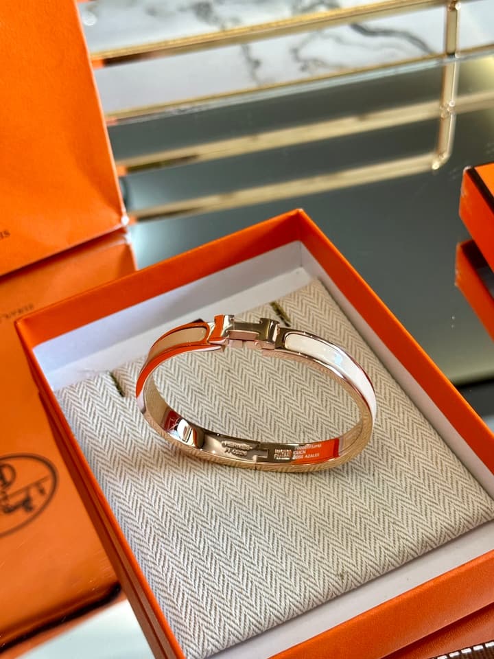 Hermès H-Letter Oval Series Bracelet in Light Blue Enamel