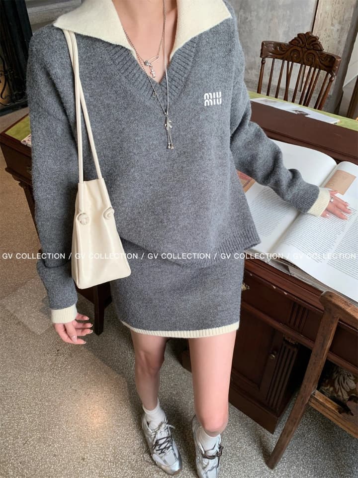 Miu Miu Contrast Collar Knit Set in Grey Knit With Off-white Trim