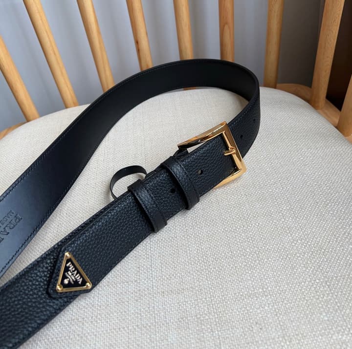 Prada Leather Belt with Triangle Logo in Black Leather Gold Buckle