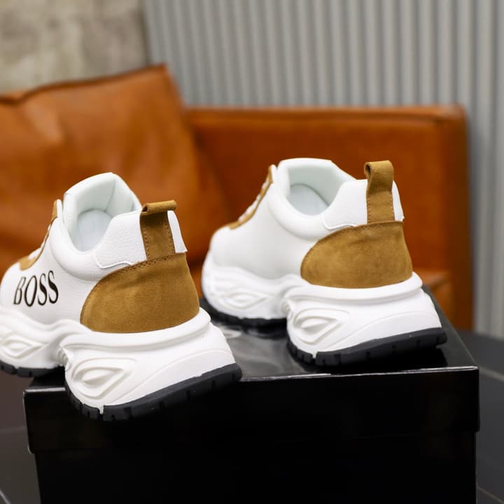 Boss Men's Luxury Running Sneakers in Black Mesh With White Sole