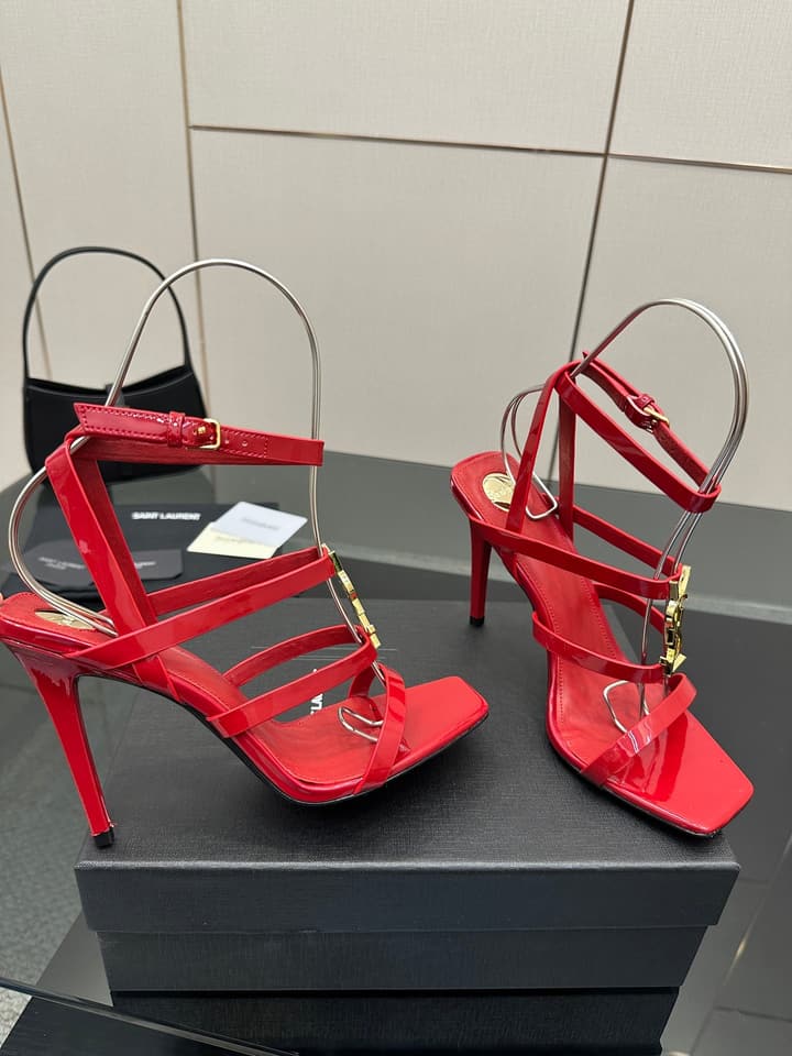 Saint Laurent Patent Leather Heeled Sandals in Bright Amber