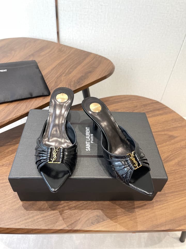 Saint Laurent Pointed Toe Stiletto Heeled Sandals – 26SS in Black - Gold Logo Plaque
