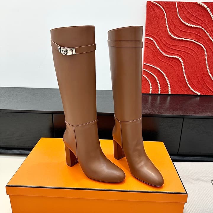 Hermès Kelly Buckle High Heel Knee-High Boots in Black Leather