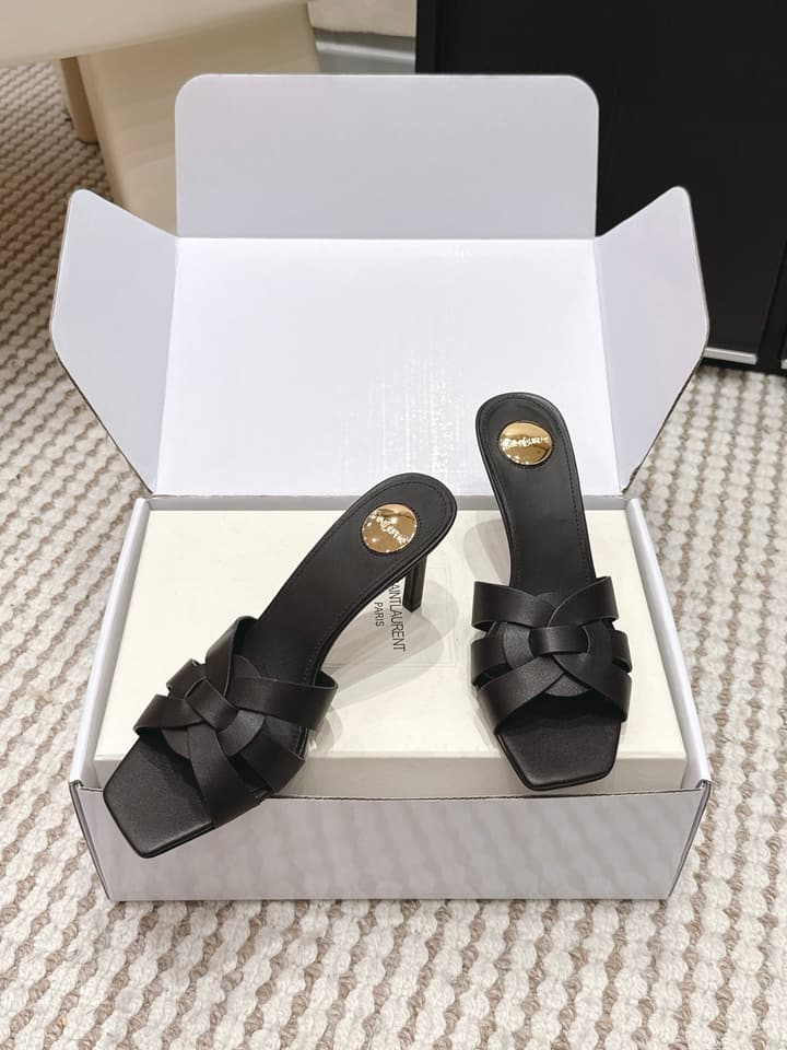 Saint Laurent Melody Square-Toe Heeled Sandals – 2026 Spring/Summer Collection in Beige Patent