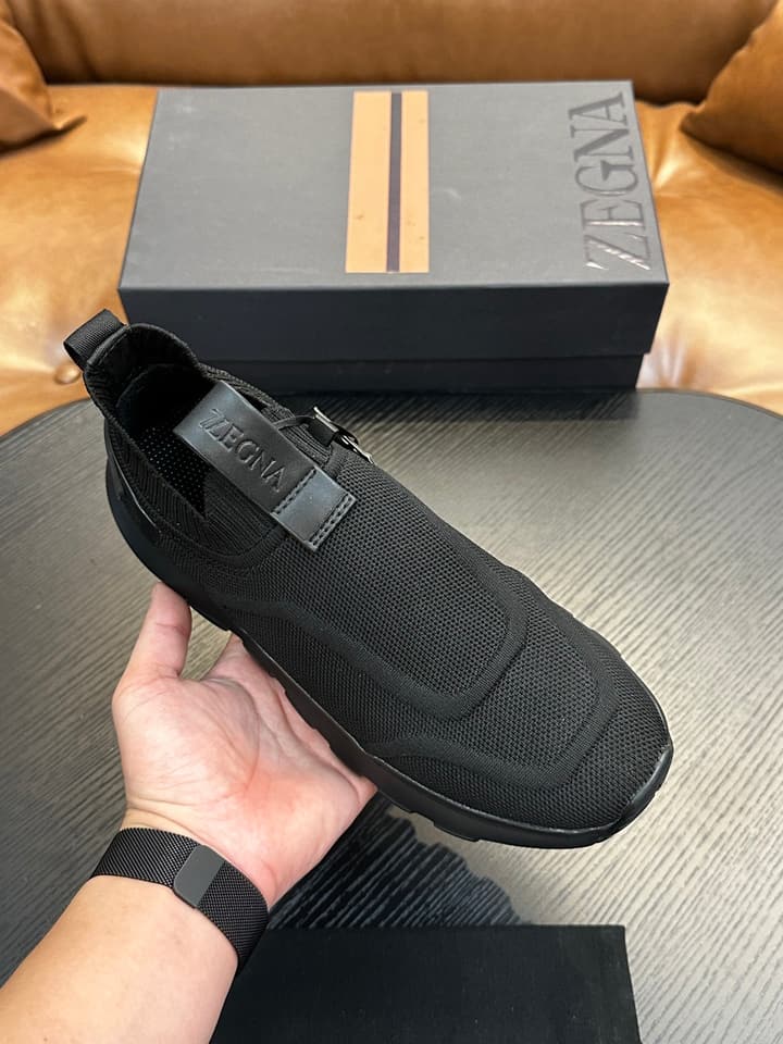 Zegna Techmerino Slip-On Sneakers in Dark Navy With Green Accent