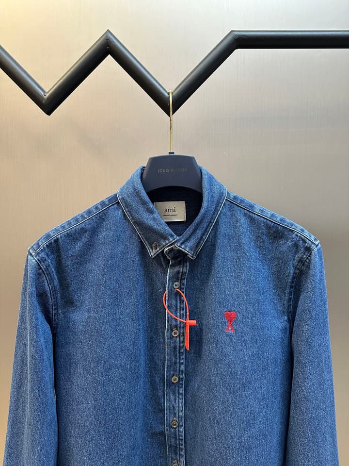 Ami Paris Denim Shirt Jacket with Ami De Coeur Patch in Distressed Denim Blue