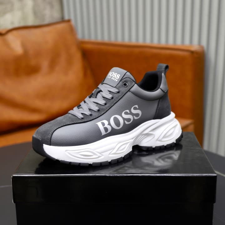 Boss Men's Luxury Running Sneakers in Black Mesh With White Sole