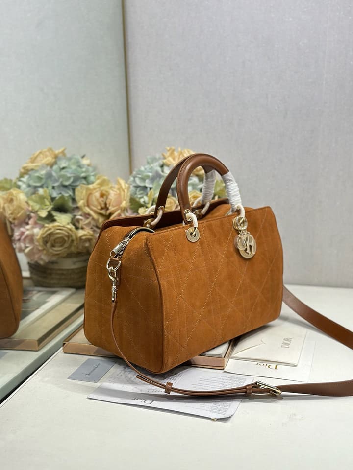 Dior Lady Dior Large Tote Bag in Brown Flocked Suede
