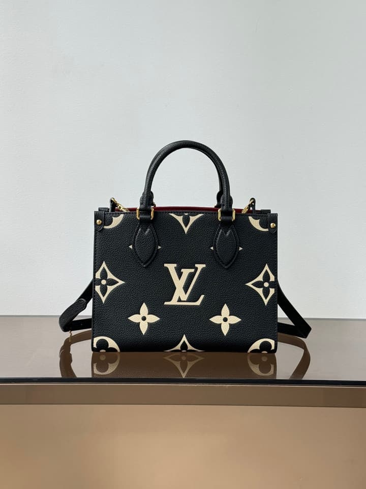 Louis Vuitton OnTheGo Small Tote Bag in Black Contrasting Monogram With Red Lining