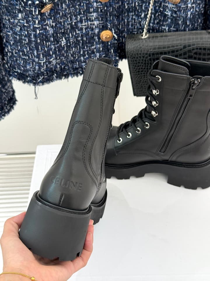 Celine Classic Triomphe Platform Martin Boots in Black Leather