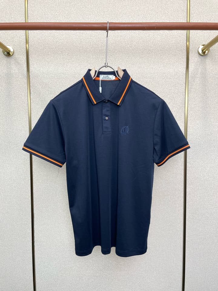 Hermès Men's Casual Short-Sleeve T-Shirt – Spring/Summer Collection in Navy Blue With Orange Trim