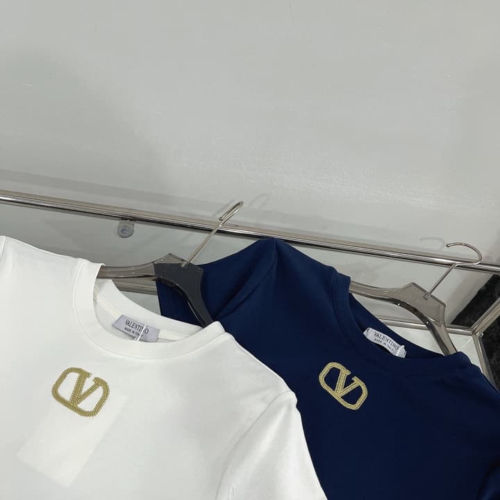 Valentino V-Logo Gold Thread Embroidery T-Shirt in Blue