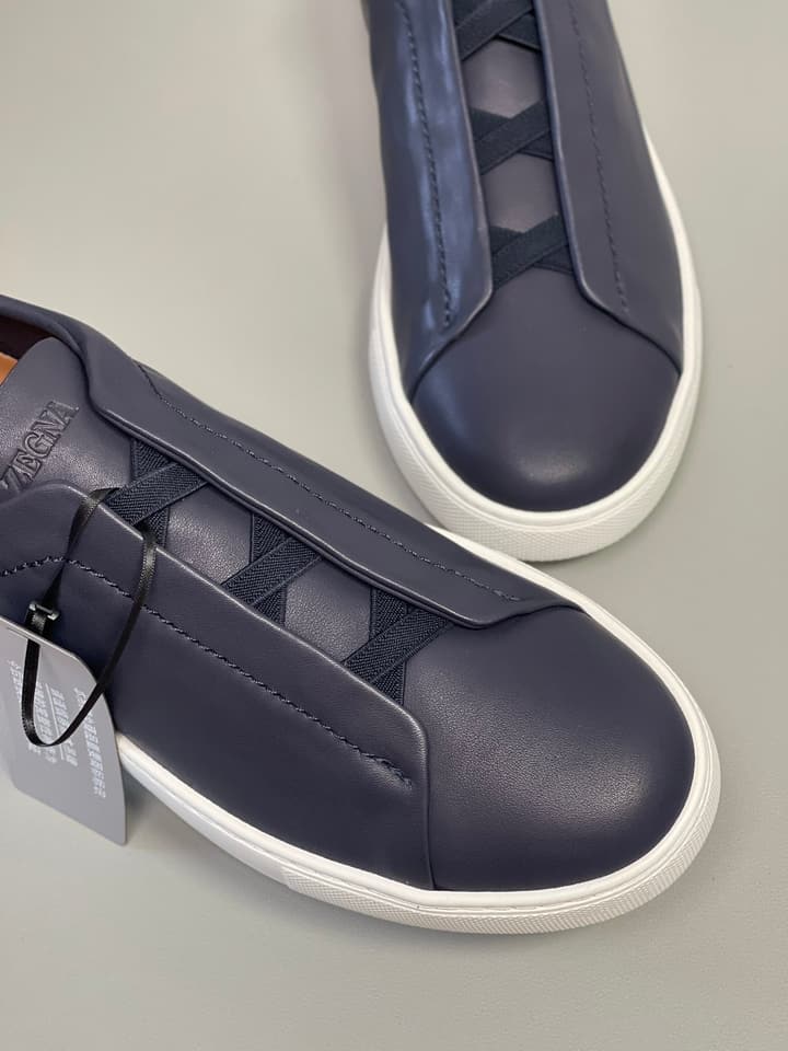 Zegna SECONDSKIN Triple Stitch Low-Top Sneakers in Navy Smooth Leather