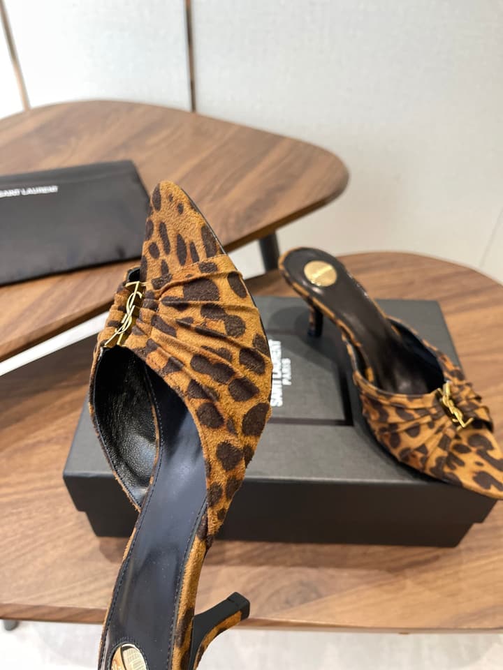 Saint Laurent Pointed Toe Stiletto Heeled Sandals – 26SS in Black - Gold Logo Plaque