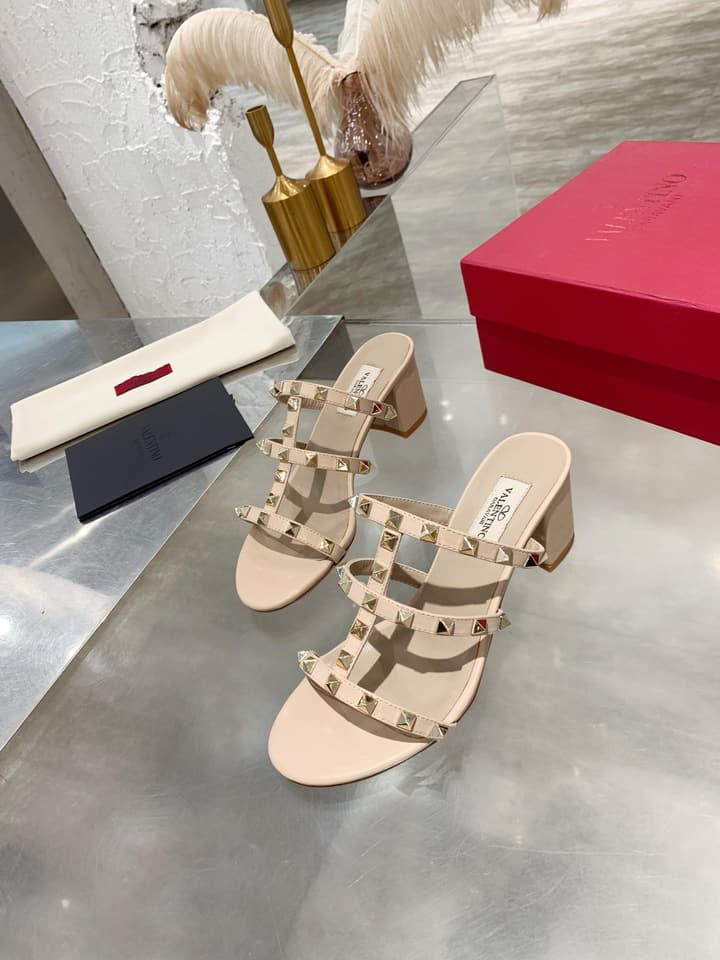 Valentino Rockstud Classic Block Heel Sandals in Nude With Gold Studs