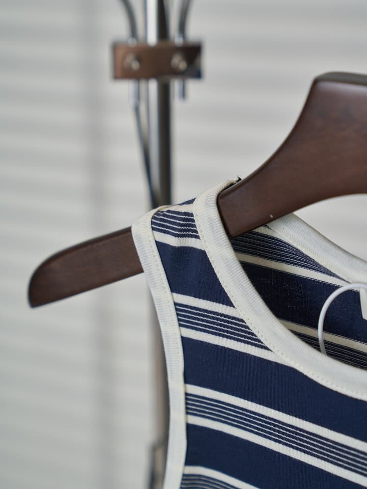 Saint Laurent YSL Embroidered Striped Tank Top in Navy Blue