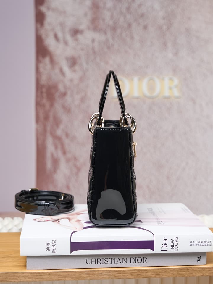 Dior Lady Dior Handbag in Black Patent Leather