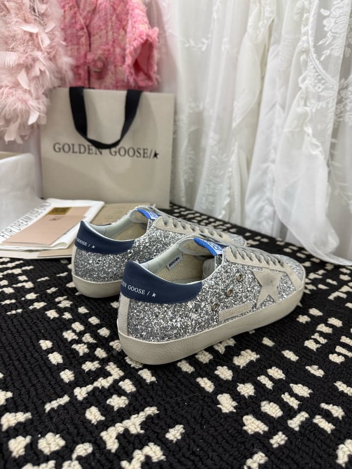 Golden Goose Super Star Rhinestone Leather Sneakers in Grey Suede Black Leather White Star
