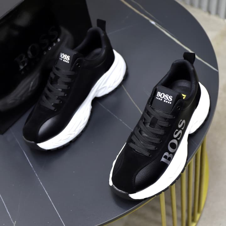 Boss Men's Luxury Running Sneakers in Black Mesh With White Sole