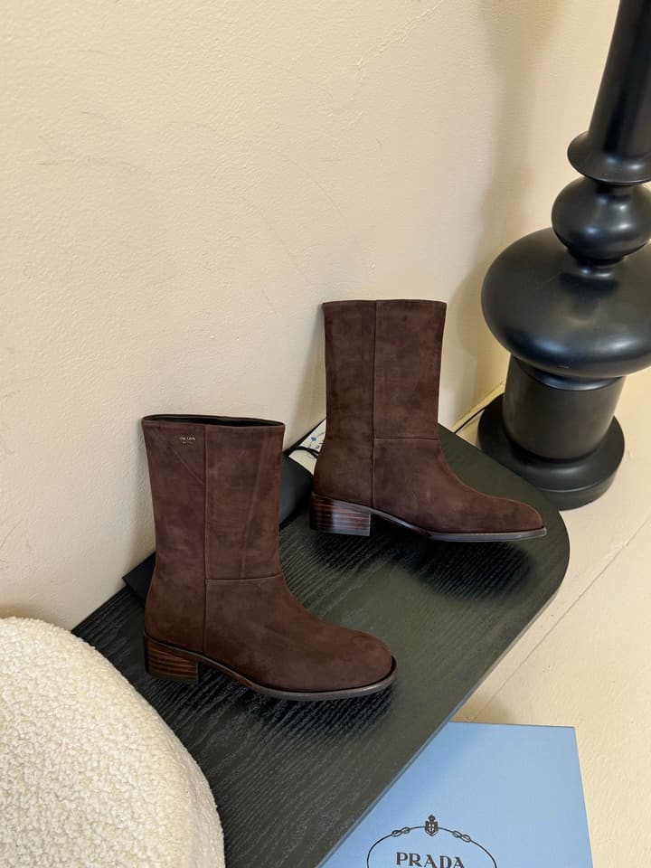 Prada Thick-Sole Knight Boots – 25SS in Dark Brown Suede
