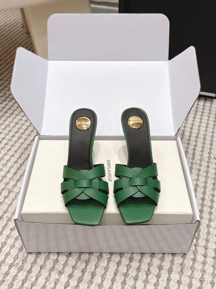 Saint Laurent Melody Square-Toe Heeled Sandals – 2026 Spring/Summer Collection in Beige Patent