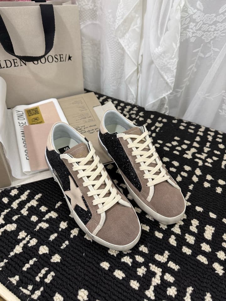 Golden Goose Super Star Rhinestone Leather Sneakers in Grey Suede Black Leather White Star