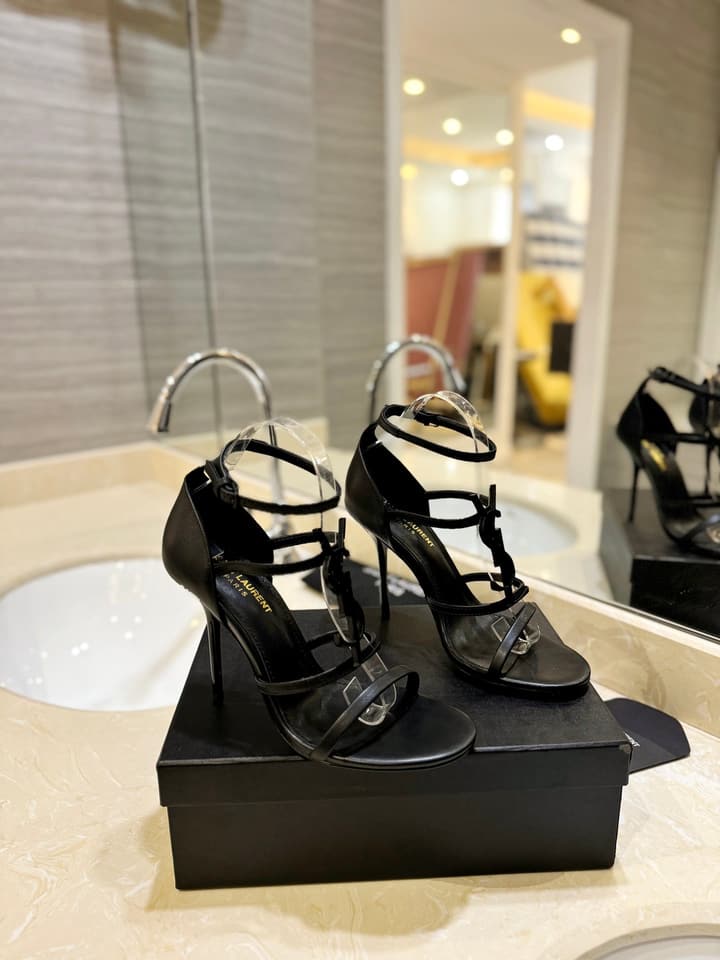 Saint Laurent YSL Logo Lacquer Heeled Sandals in Black Matte With Black Logo