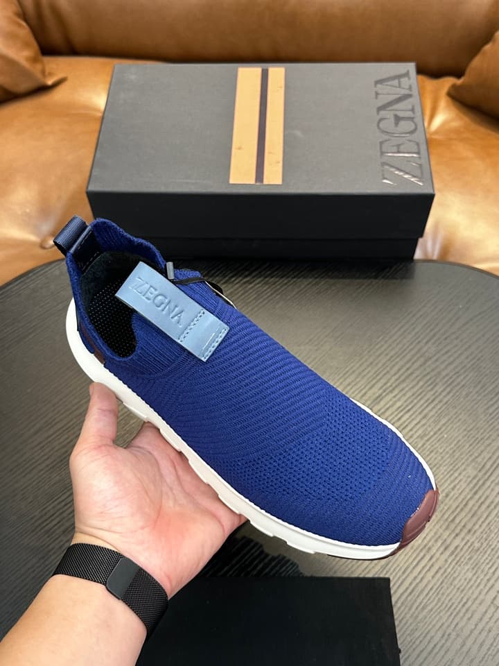 Zegna Techmerino Slip-On Sneakers in Dark Navy With Green Accent