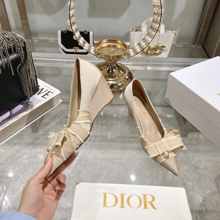 Dior Adiorable Bow Pearl Wedge Pumps in Black Ruffled Bow