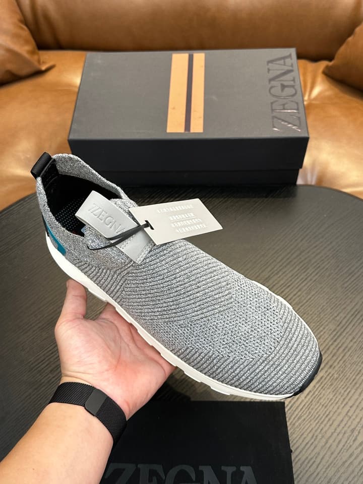 Zegna Techmerino Slip-On Sneakers in Dark Navy With Green Accent