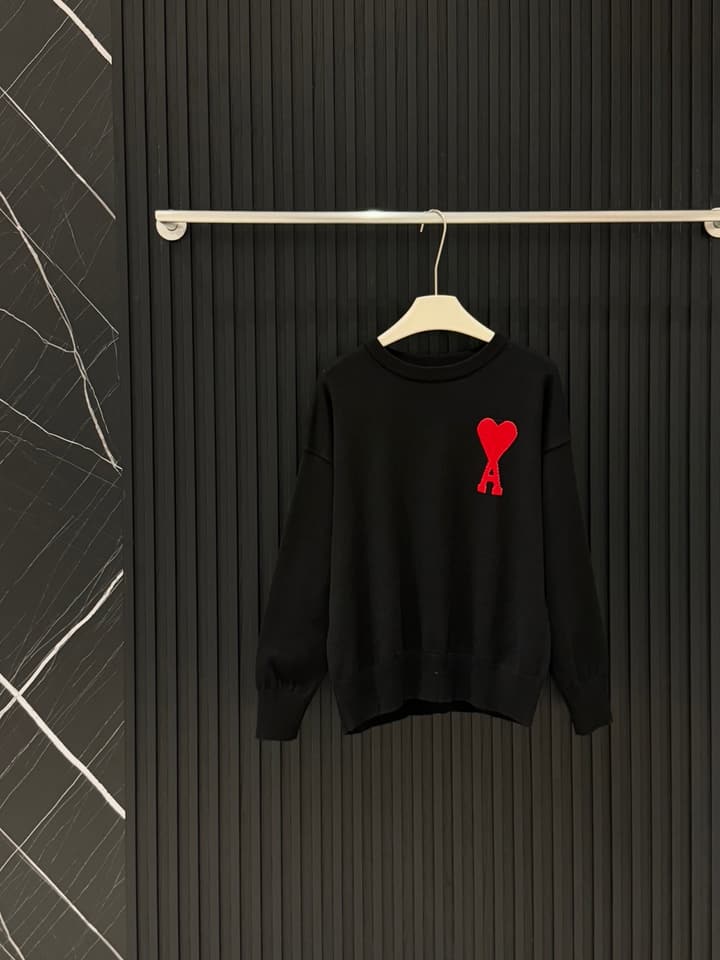 AMI Paris Heart Letter Knitted Sweater in Black With Red Heart