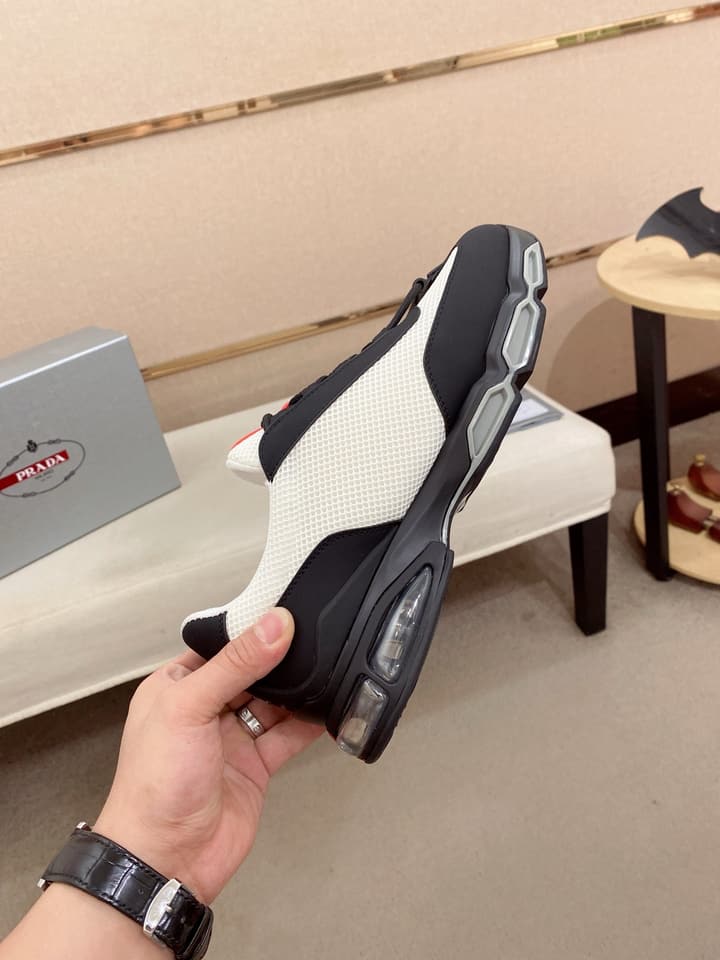 Prada Men's Leather Mesh Sneakers – New Collection in Light Grey With White Logo