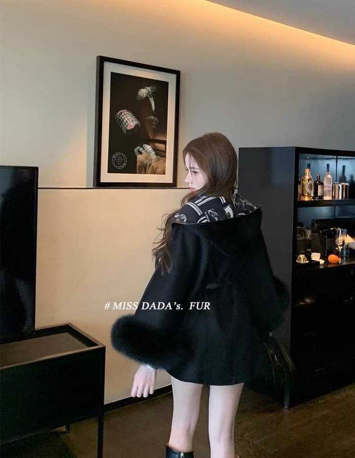Hermès Old Money Detachable Faux Fur Sleeve Coat in Black With Patterned Reversible Side
